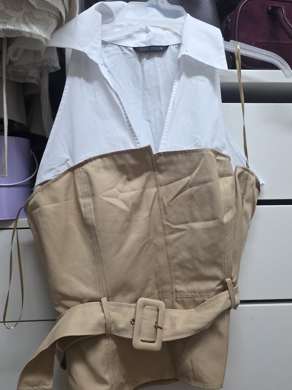 Zara Two-Tone Belted Bustier Top - White & Beige